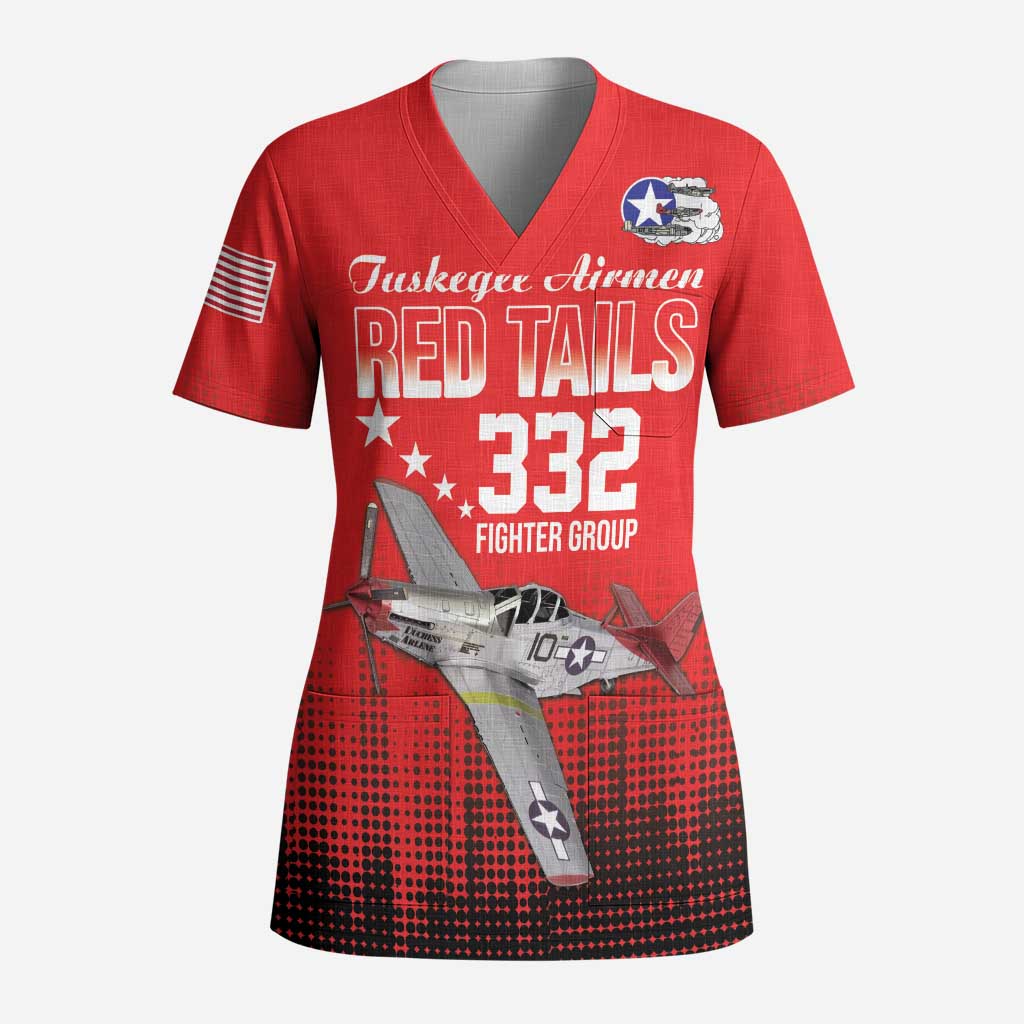 Tuskegee Red Tails Airmen WWII Tribute Scrub Top 332nd Fighter Group - Red - African Pride