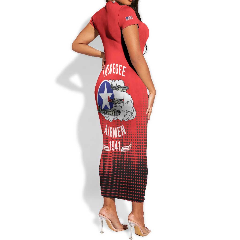 Tuskegee Red Tails Airmen WWII Tribute Short Sleeve Bodycon Dress 332nd Fighter Group - Red - African Pride