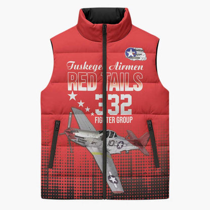 Tuskegee Red Tails Airmen WWII Tribute Sleeveless Puffer Jacket 332nd Fighter Group - Red