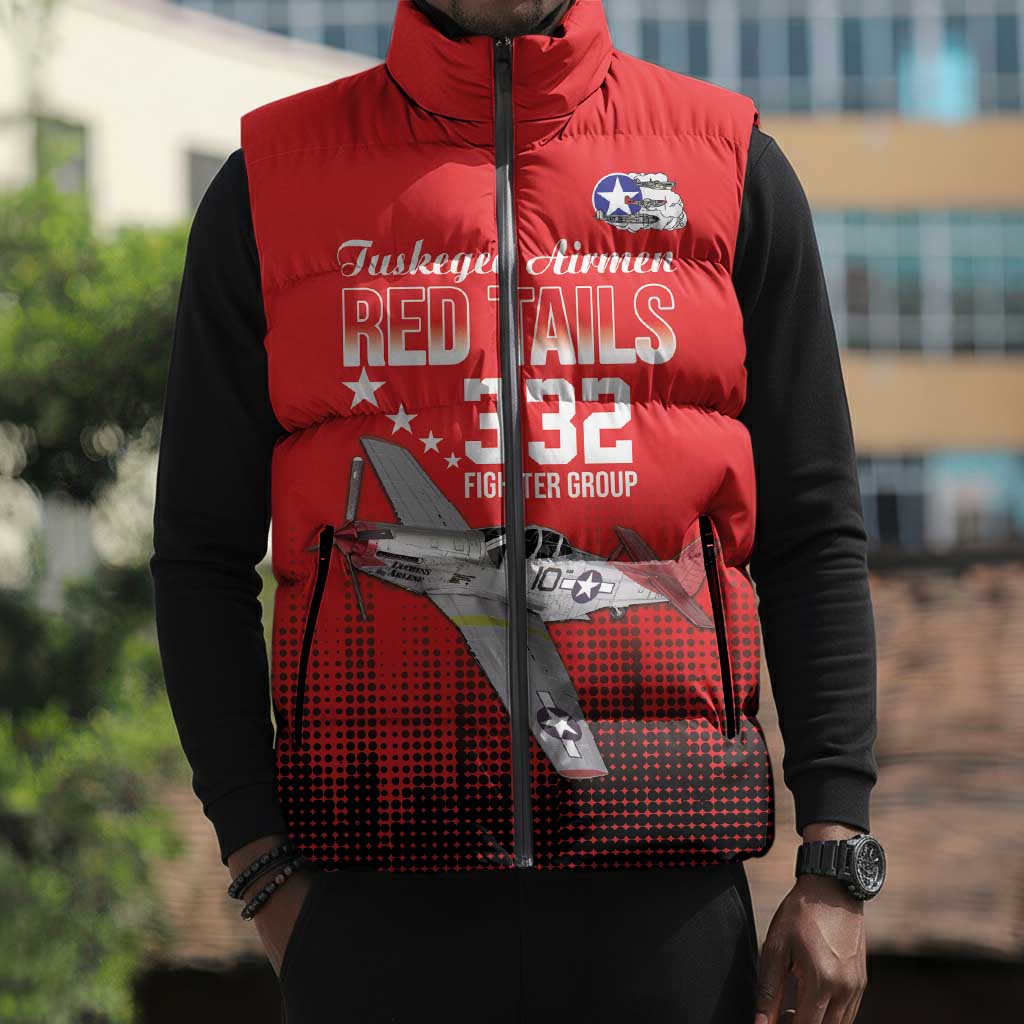 Tuskegee Red Tails Airmen WWII Tribute Sleeveless Puffer Jacket 332nd Fighter Group - Red