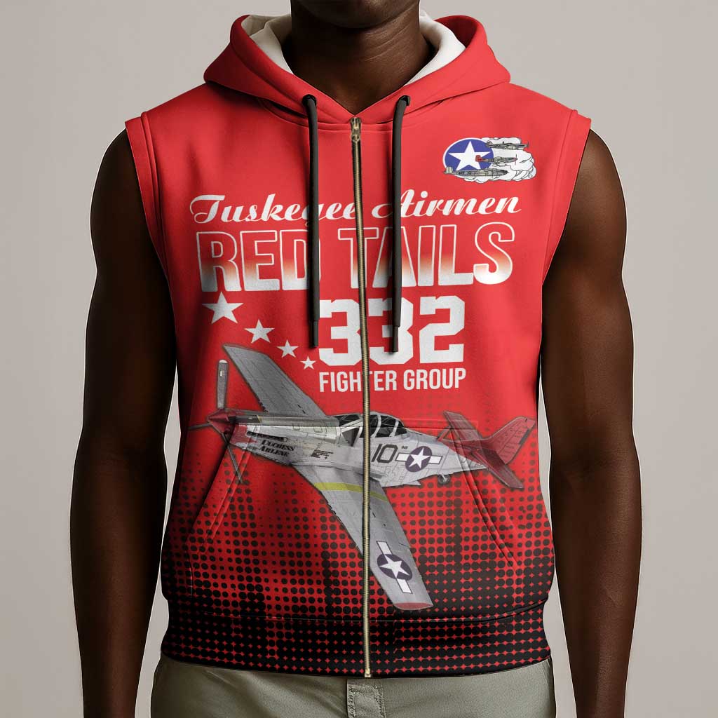 Tuskegee Red Tails Airmen WWII Tribute Sleeveless Zip Hoodie 332nd Fighter Group - Red - African Pride