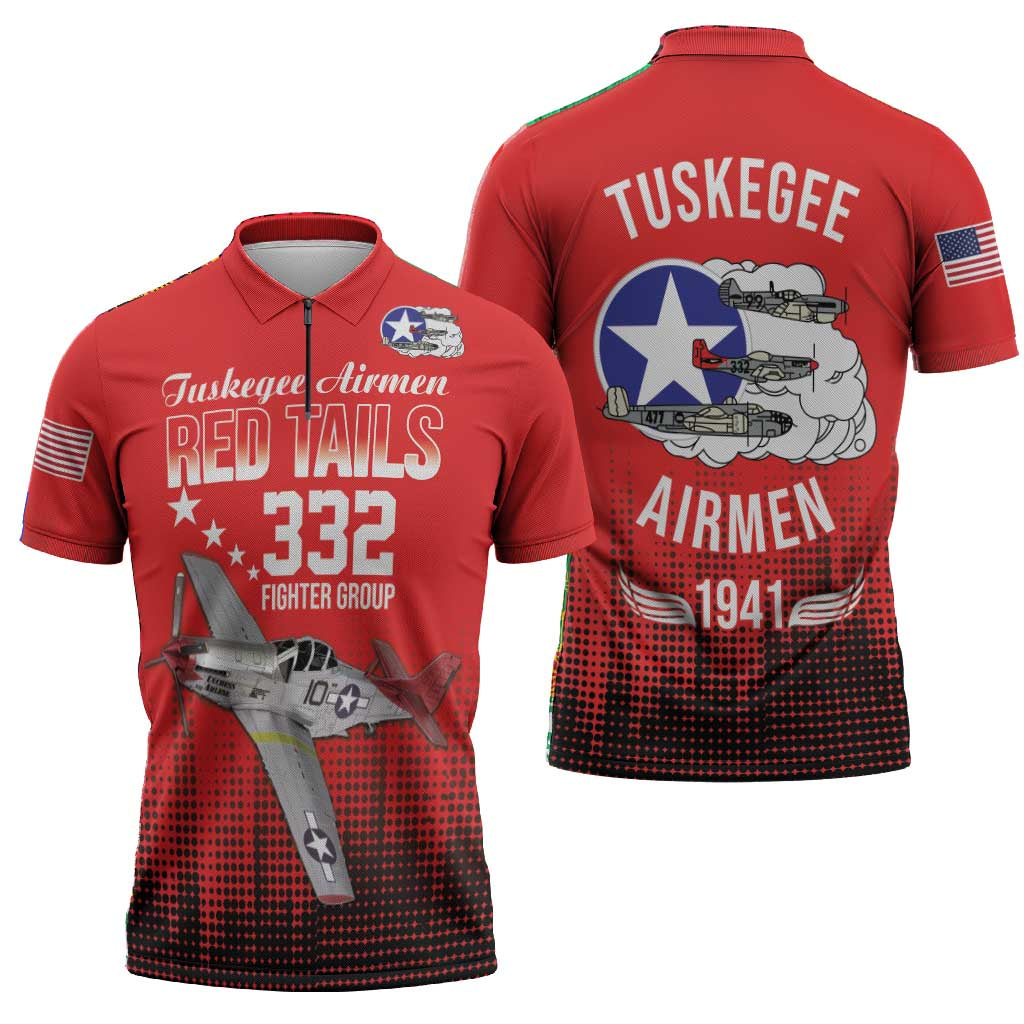 Tuskegee Red Tails Airmen WWII Tribute Zipper Polo Shirt 332nd Fighter Group - Red