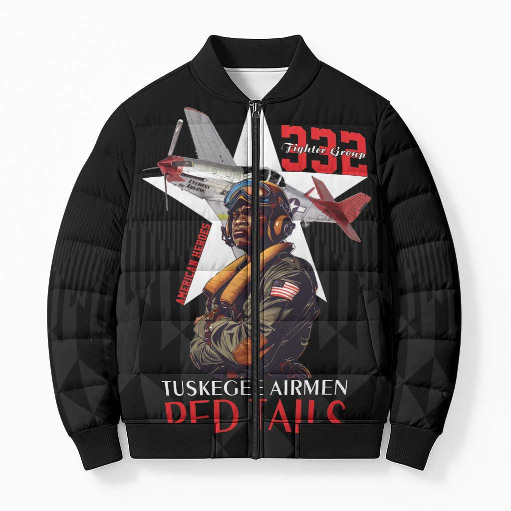Tuskegee Airmen Red Tails Legacy Bomber Puffer Jacket African American Pilots - Black