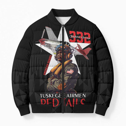 Tuskegee Airmen Red Tails Legacy Bomber Puffer Jacket African American Pilots - Black