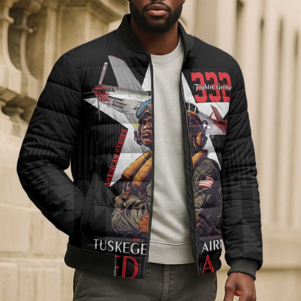 Tuskegee Airmen Red Tails Legacy Bomber Puffer Jacket African American Pilots - Black