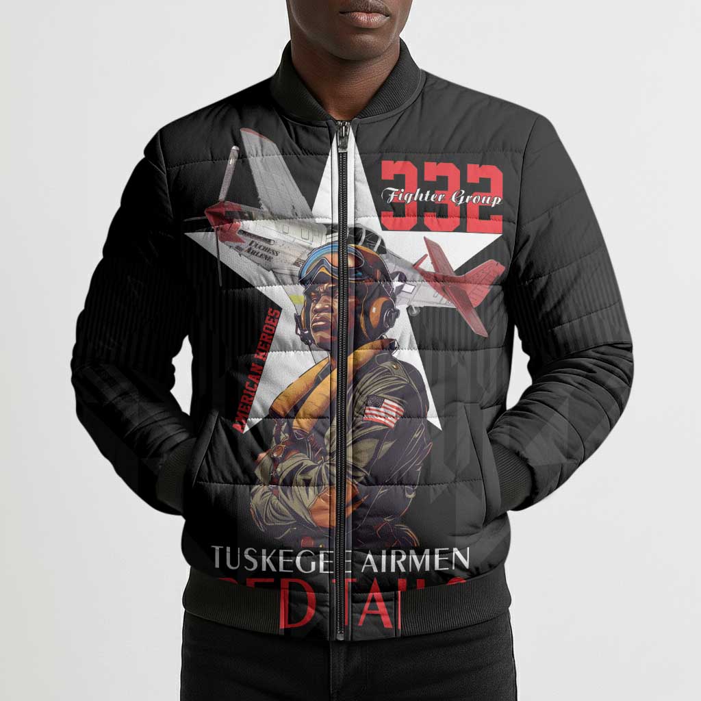 Tuskegee Airmen Red Tails Legacy Bomber Puffer Jacket African American Pilots - Black