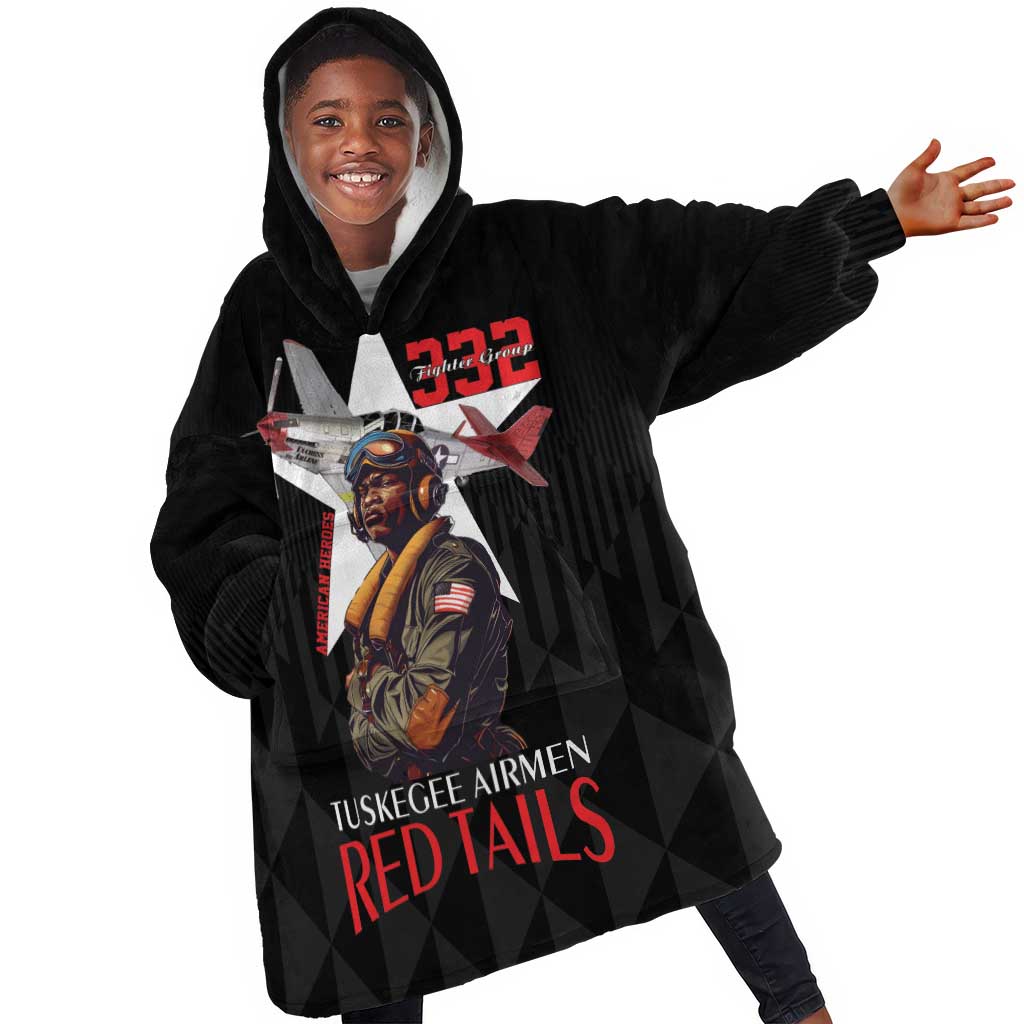 Tuskegee Airmen Red Tails Legacy Kid Wearable Blanket Hoodie African American Pilots - Black - African Pride
