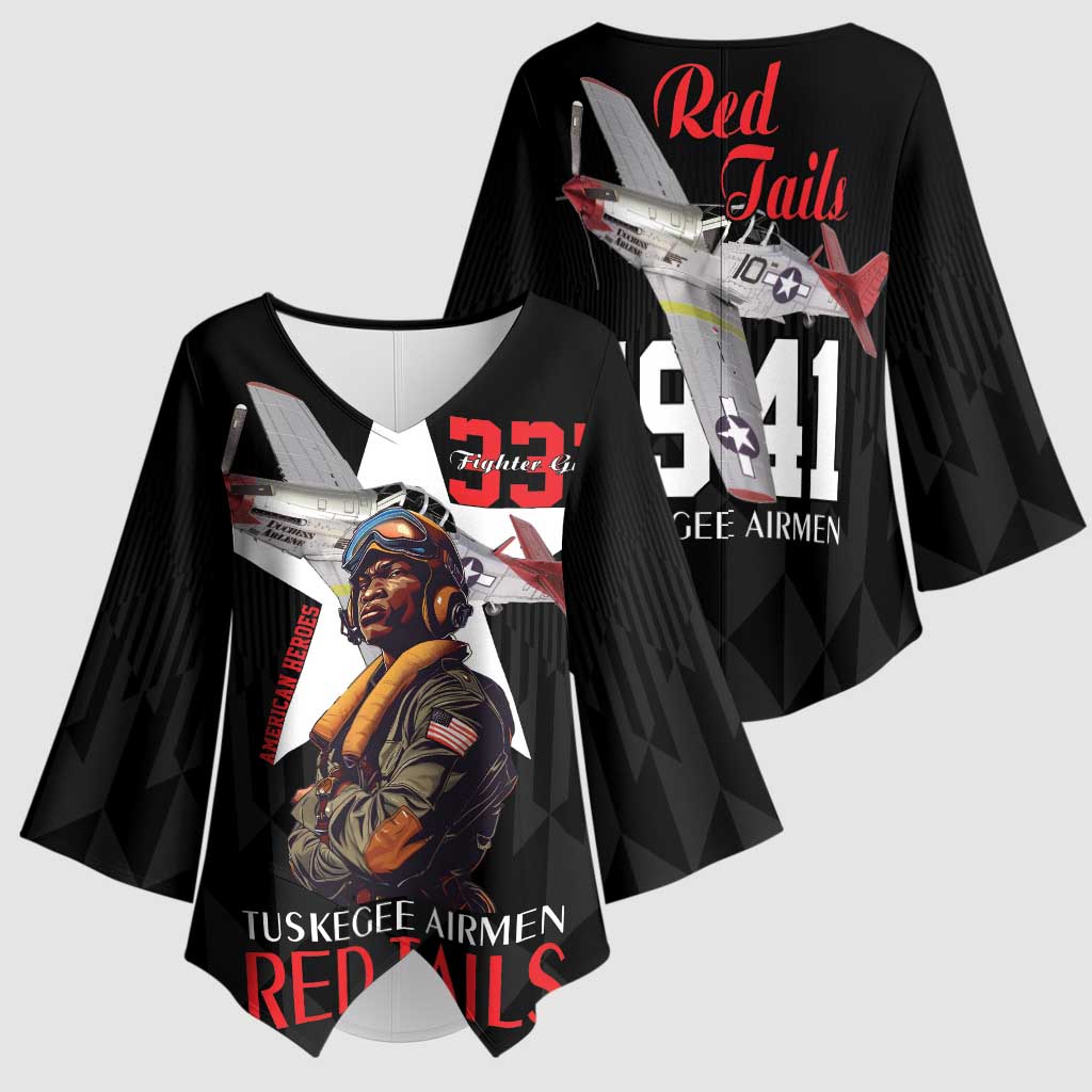 Tuskegee Airmen Red Tails Legacy Kimono Sleeve Blouse African American Pilots - Black