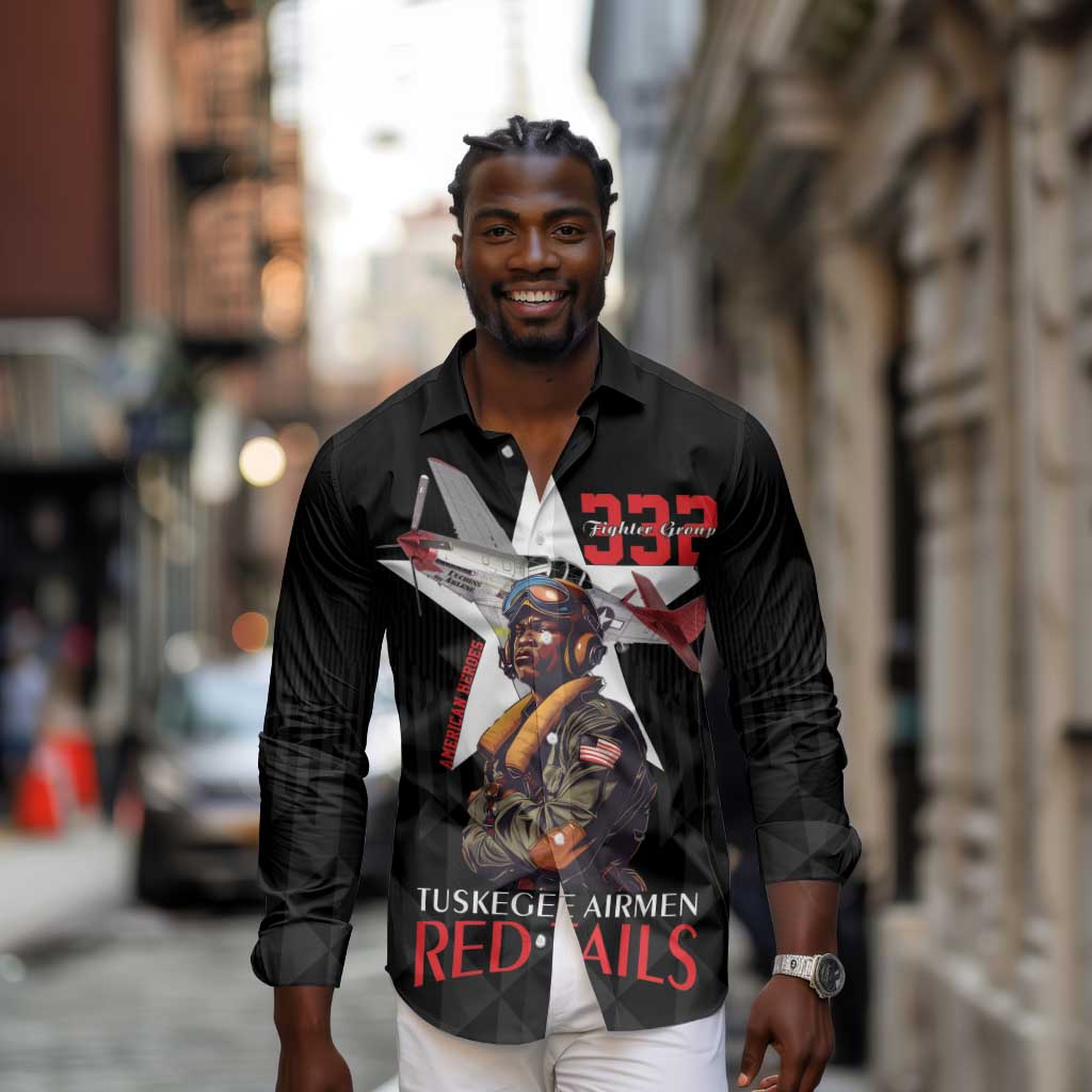 Tuskegee Airmen Red Tails Legacy Long Sleeve Button Shirt African American Pilots - Black - African Pride