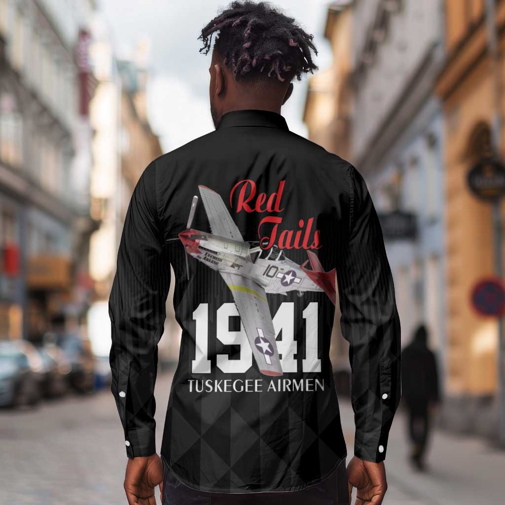 Tuskegee Airmen Red Tails Legacy Long Sleeve Button Shirt African American Pilots - Black - African Pride