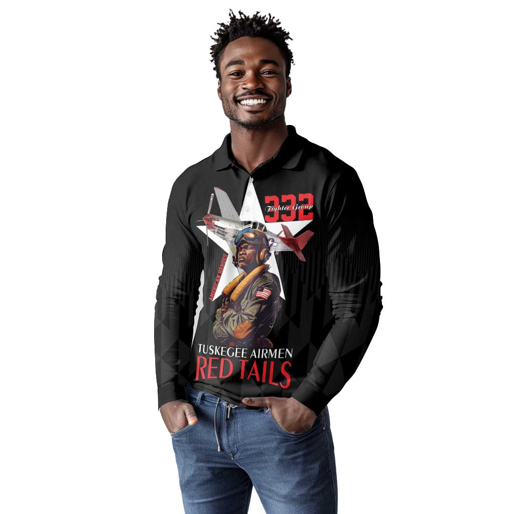 Tuskegee Airmen Red Tails Legacy Long Sleeve Polo Shirt African American Pilots - Black - African Pride