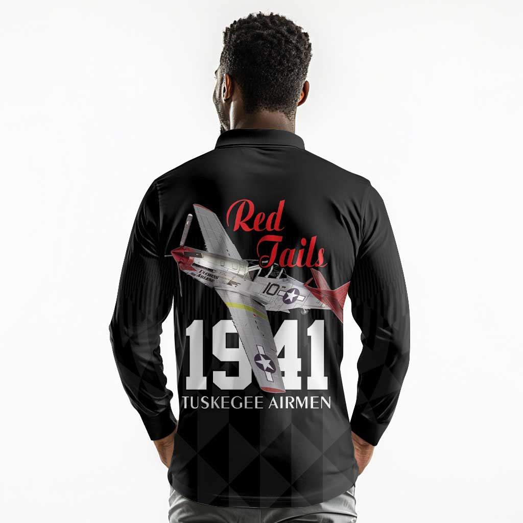 Tuskegee Airmen Red Tails Legacy Long Sleeve Polo Shirt African American Pilots - Black - African Pride