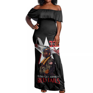 Tuskegee Airmen Red Tails Legacy Off Shoulder Maxi Dress African American Pilots - Black - African Pride