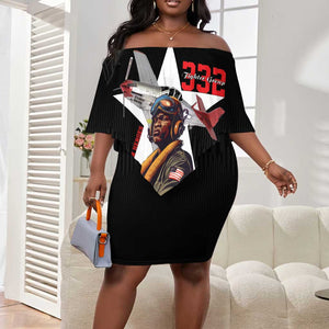 Tuskegee Airmen Red Tails Legacy Off Shoulder Short Dress African American Pilots - Black - African Pride