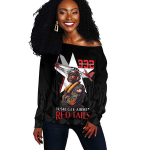 Tuskegee Airmen Red Tails Legacy Off Shoulder Sweater African American Pilots - Black - African Pride