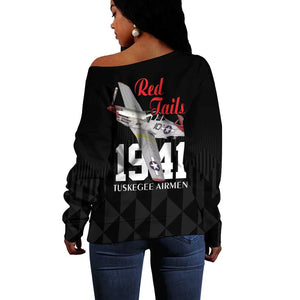 Tuskegee Airmen Red Tails Legacy Off Shoulder Sweater African American Pilots - Black - African Pride
