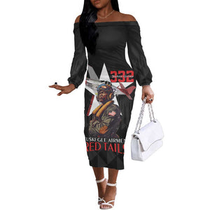 Tuskegee Airmen Red Tails Legacy Off The Shoulder Long Sleeve Dress African American Pilots - Black - African Pride