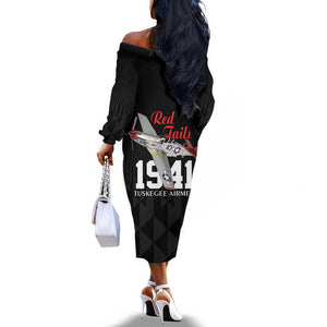 Tuskegee Airmen Red Tails Legacy Off The Shoulder Long Sleeve Dress African American Pilots - Black - African Pride