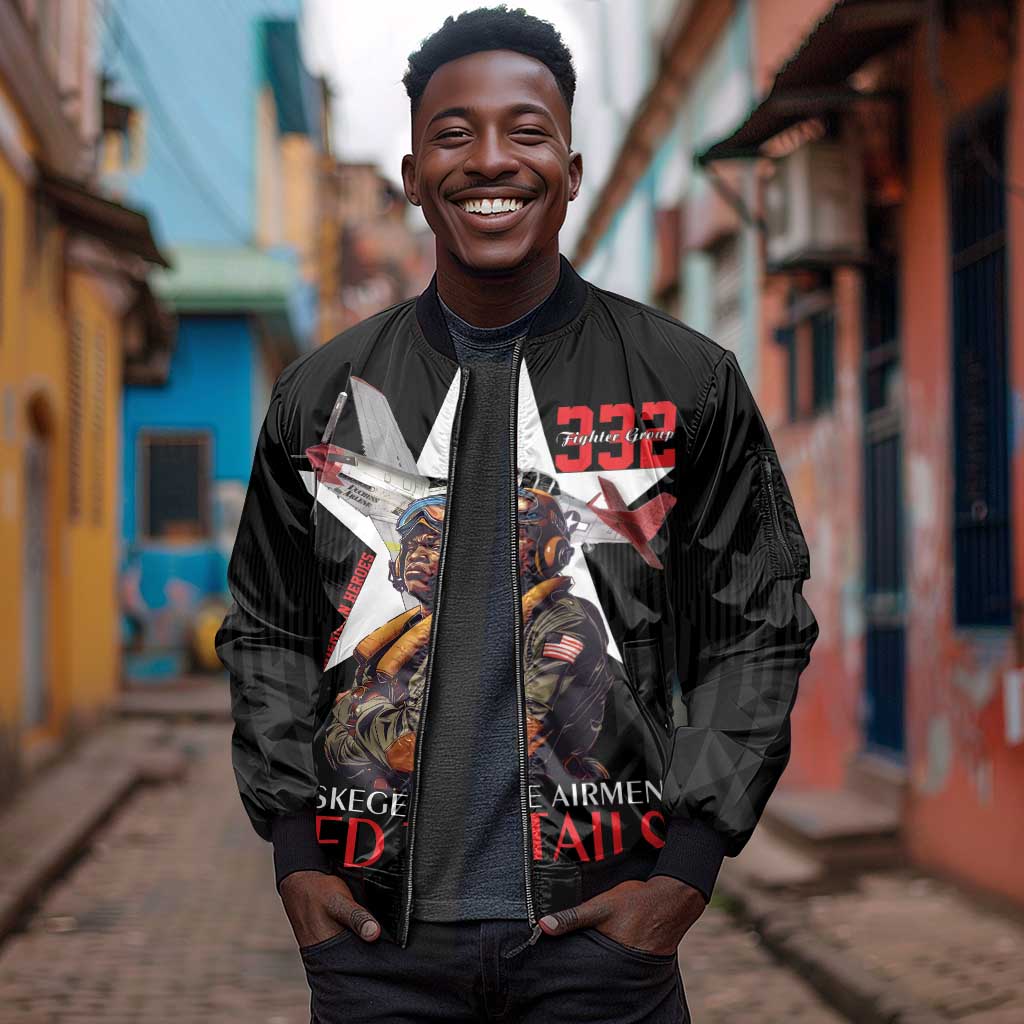 Tuskegee Airmen Red Tails Legacy Sleeve Zip Bomber Jacket African American Pilots - Black - African Pride