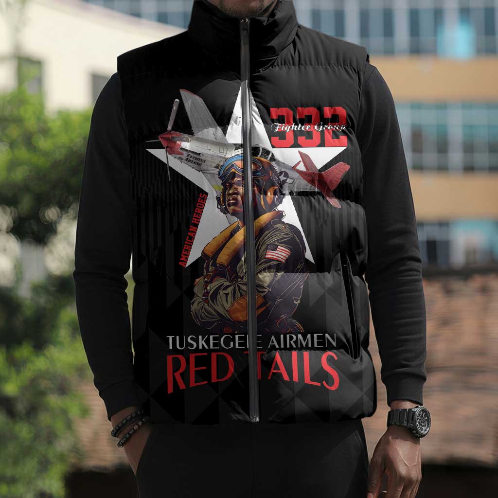 Tuskegee Airmen Red Tails Legacy Sleeveless Puffer Jacket African American Pilots - Black