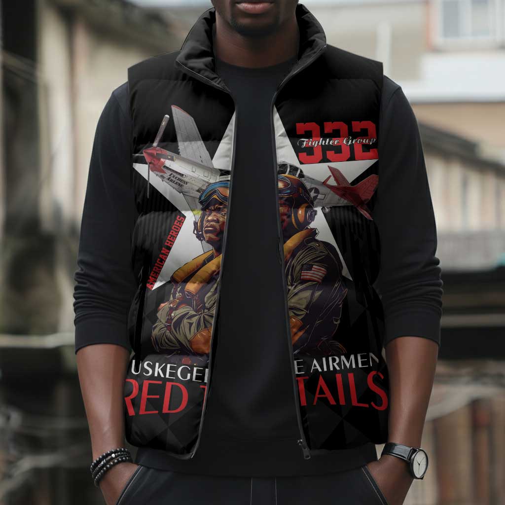 Tuskegee Airmen Red Tails Legacy Sleeveless Puffer Jacket African American Pilots - Black