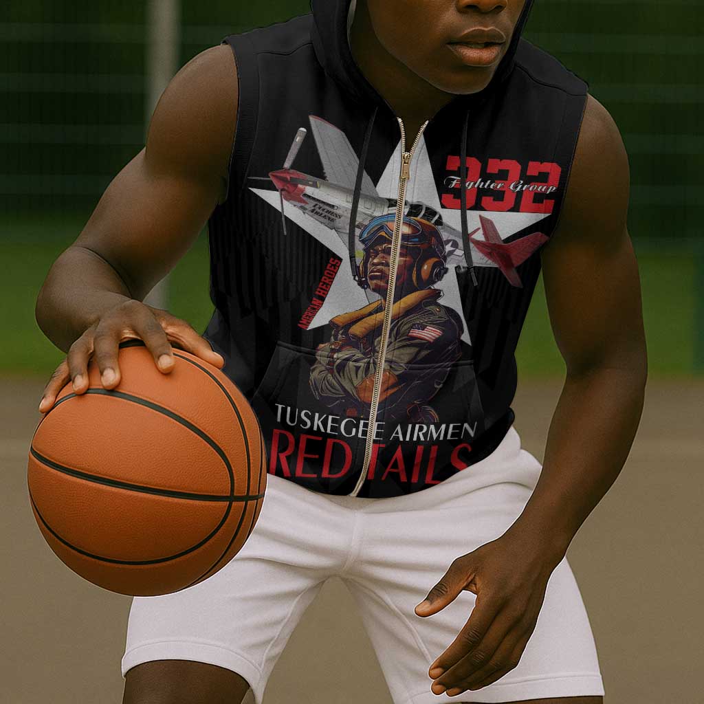 Tuskegee Airmen Red Tails Legacy Sleeveless Zip Hoodie African American Pilots - Black - African Pride