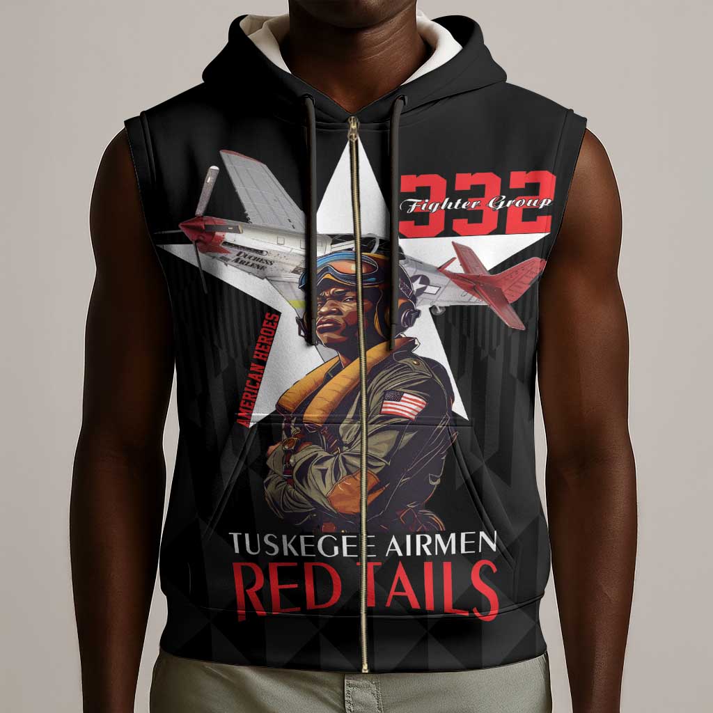 Tuskegee Airmen Red Tails Legacy Sleeveless Zip Hoodie African American Pilots - Black - African Pride