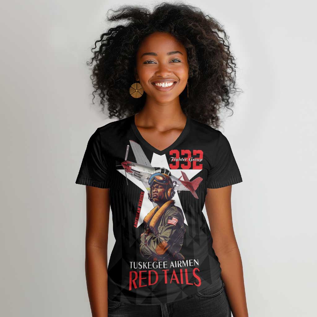 Tuskegee Airmen Red Tails Legacy Women V-Neck T-Shirt African American Pilots - Black - African Pride