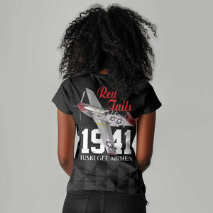 Tuskegee Airmen Red Tails Legacy Women V-Neck T-Shirt African American Pilots - Black - African Pride