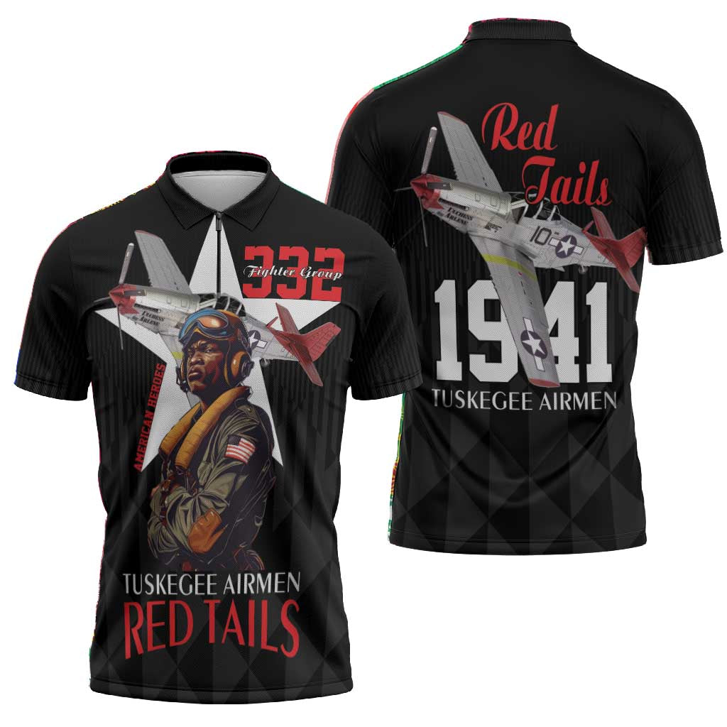 Tuskegee Airmen Red Tails Legacy Zipper Polo Shirt African American Pilots - Black