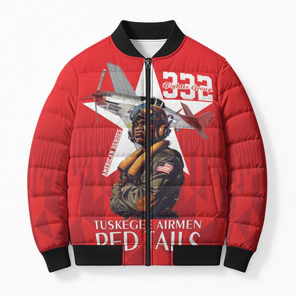 Tuskegee Airmen Red Tails Legacy Bomber Puffer Jacket African American Pilots - Red