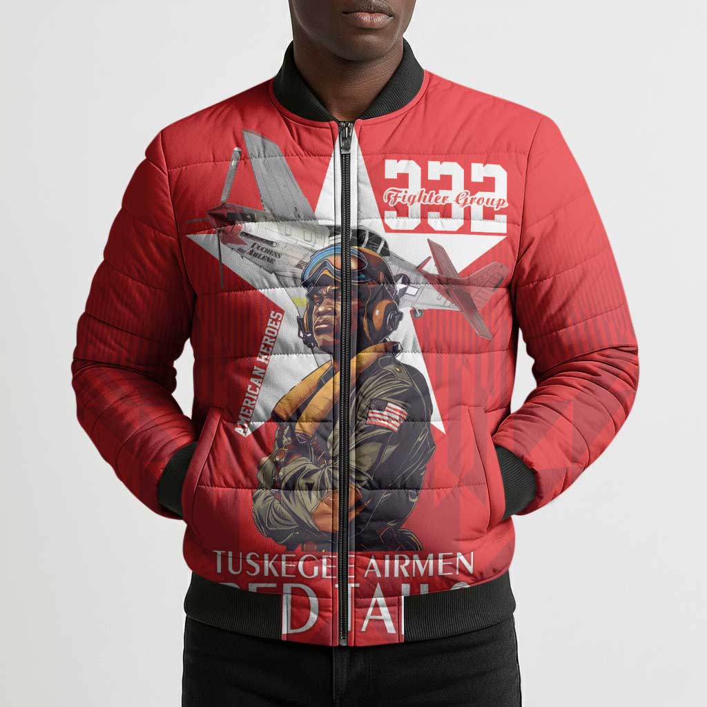 Tuskegee Airmen Red Tails Legacy Bomber Puffer Jacket African American Pilots - Red