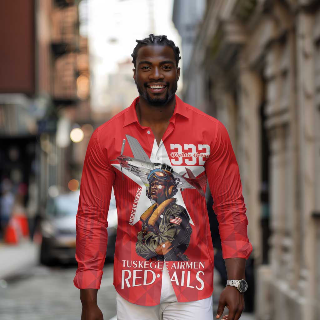 Tuskegee Airmen Red Tails Legacy Long Sleeve Button Shirt African American Pilots - Red - African Pride