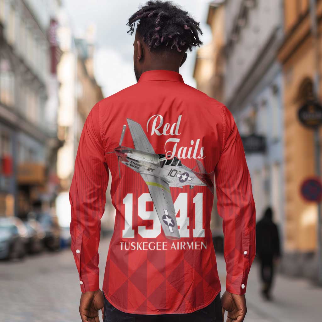 Tuskegee Airmen Red Tails Legacy Long Sleeve Button Shirt African American Pilots - Red - African Pride