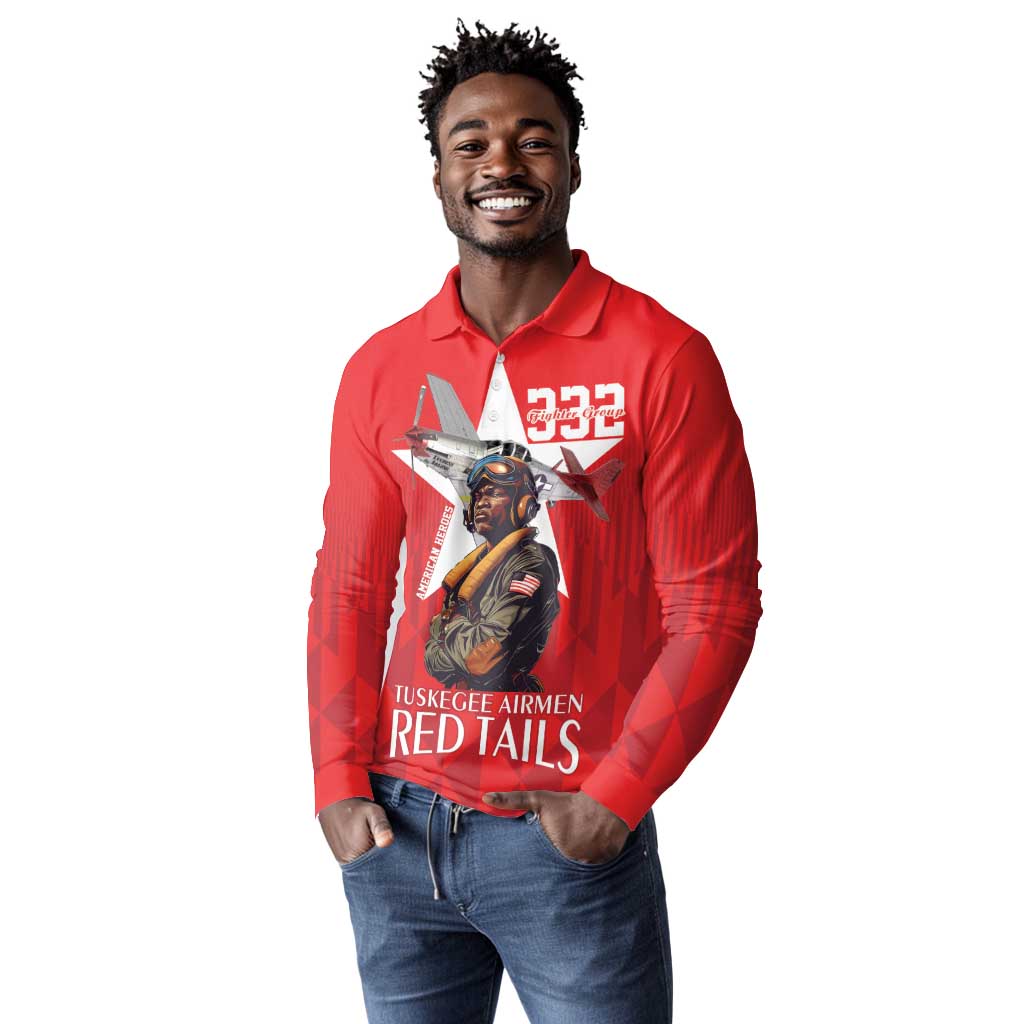 Tuskegee Airmen Red Tails Legacy Long Sleeve Polo Shirt African American Pilots - Red - African Pride