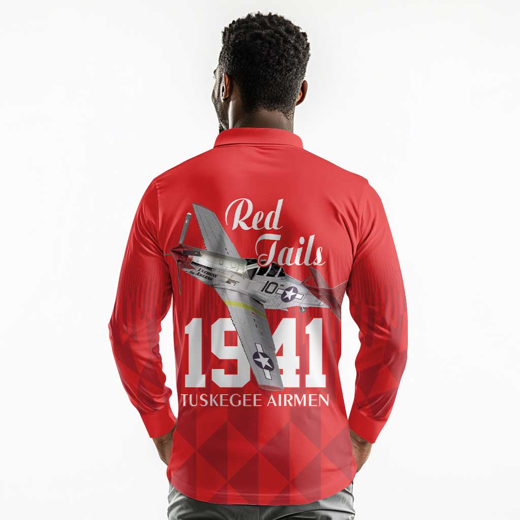 Tuskegee Airmen Red Tails Legacy Long Sleeve Polo Shirt African American Pilots - Red - African Pride