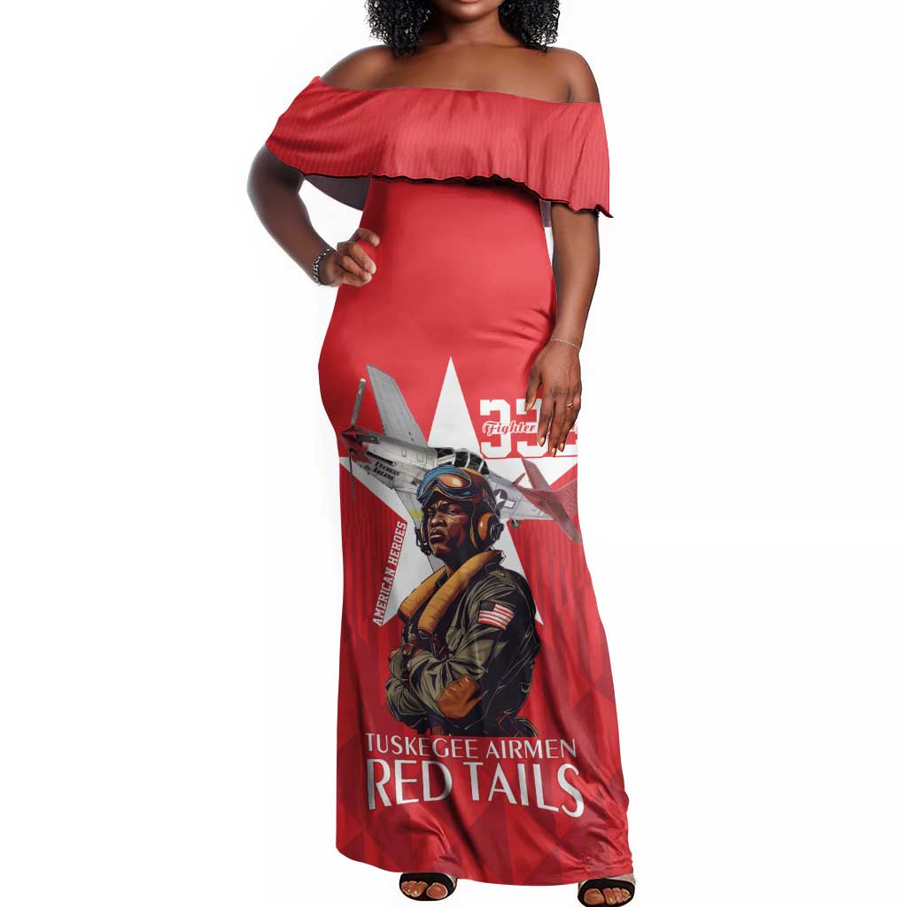 Tuskegee Airmen Red Tails Legacy Off Shoulder Maxi Dress African American Pilots - Red - African Pride