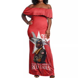 Tuskegee Airmen Red Tails Legacy Off Shoulder Maxi Dress African American Pilots - Red - African Pride
