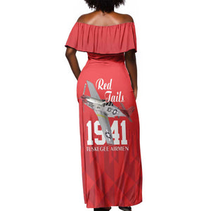 Tuskegee Airmen Red Tails Legacy Off Shoulder Maxi Dress African American Pilots - Red - African Pride