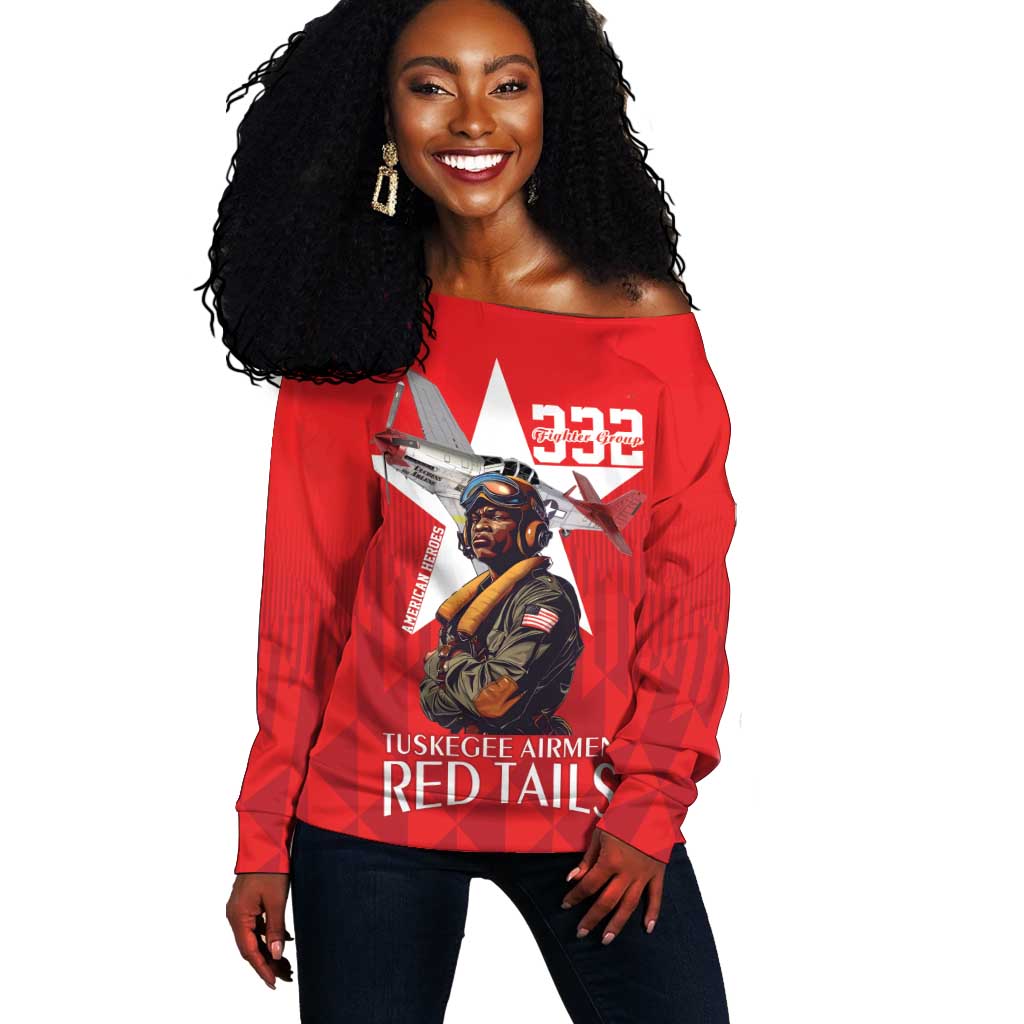 Tuskegee Airmen Red Tails Legacy Off Shoulder Sweater African American Pilots - Red - African Pride
