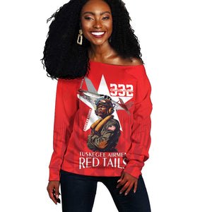 Tuskegee Airmen Red Tails Legacy Off Shoulder Sweater African American Pilots - Red - African Pride