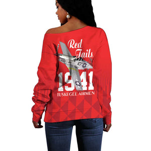 Tuskegee Airmen Red Tails Legacy Off Shoulder Sweater African American Pilots - Red - African Pride