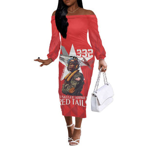 Tuskegee Airmen Red Tails Legacy Off The Shoulder Long Sleeve Dress African American Pilots - Red - African Pride