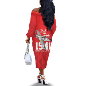 Tuskegee Airmen Red Tails Legacy Off The Shoulder Long Sleeve Dress African American Pilots - Red - African Pride