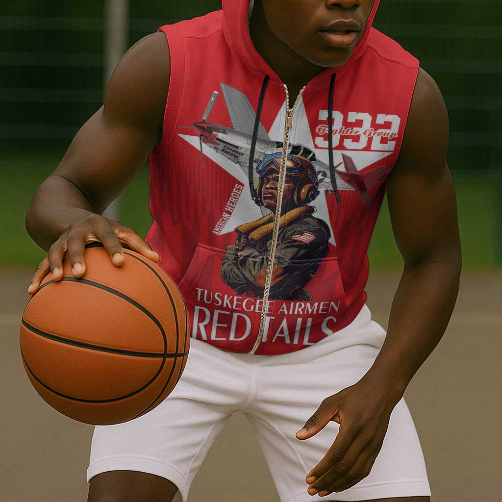 Tuskegee Airmen Red Tails Legacy Sleeveless Zip Hoodie African American Pilots - Red - African Pride