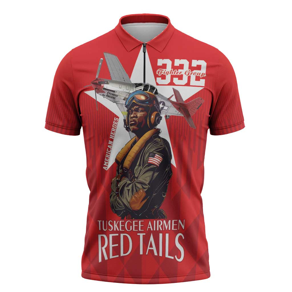 Tuskegee Airmen Red Tails Legacy Zipper Polo Shirt African American Pilots - Red