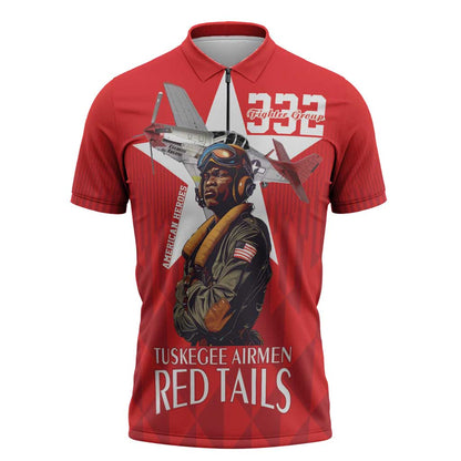 Tuskegee Airmen Red Tails Legacy Zipper Polo Shirt African American Pilots - Red