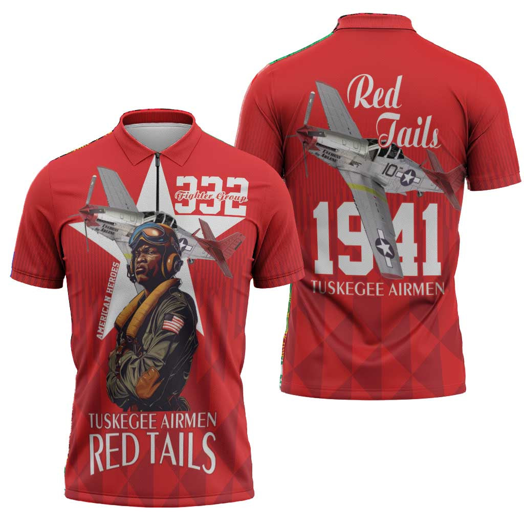 Tuskegee Airmen Red Tails Legacy Zipper Polo Shirt African American Pilots - Red