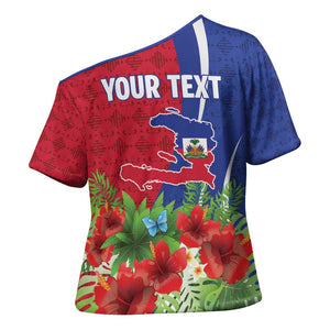 Personalized Afro-Haitians Tropical Cross Shoulder Shirt Fleur-De-Lis Veves Motif - African Pride