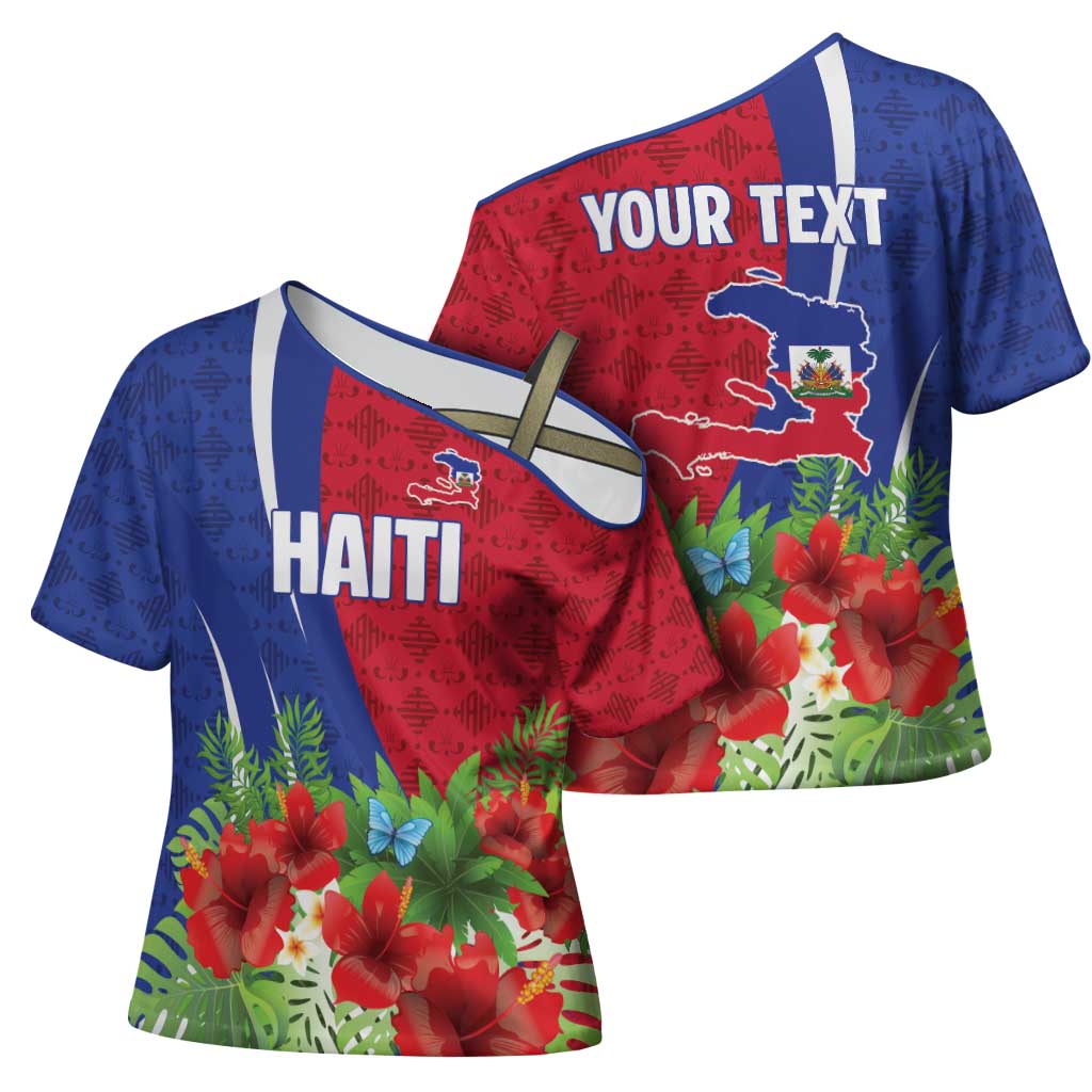 Personalized Afro-Haitians Tropical Cross Shoulder Shirt Fleur-De-Lis Veves Motif - African Pride